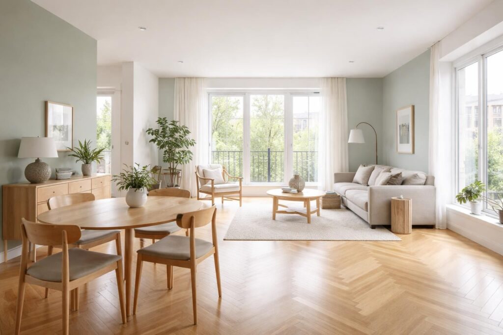 découvrez comment rénover votre appartement à montréal avec du parquet en chêne massif et une peinture tendance little greene pour un intérieur élégant et moderne.