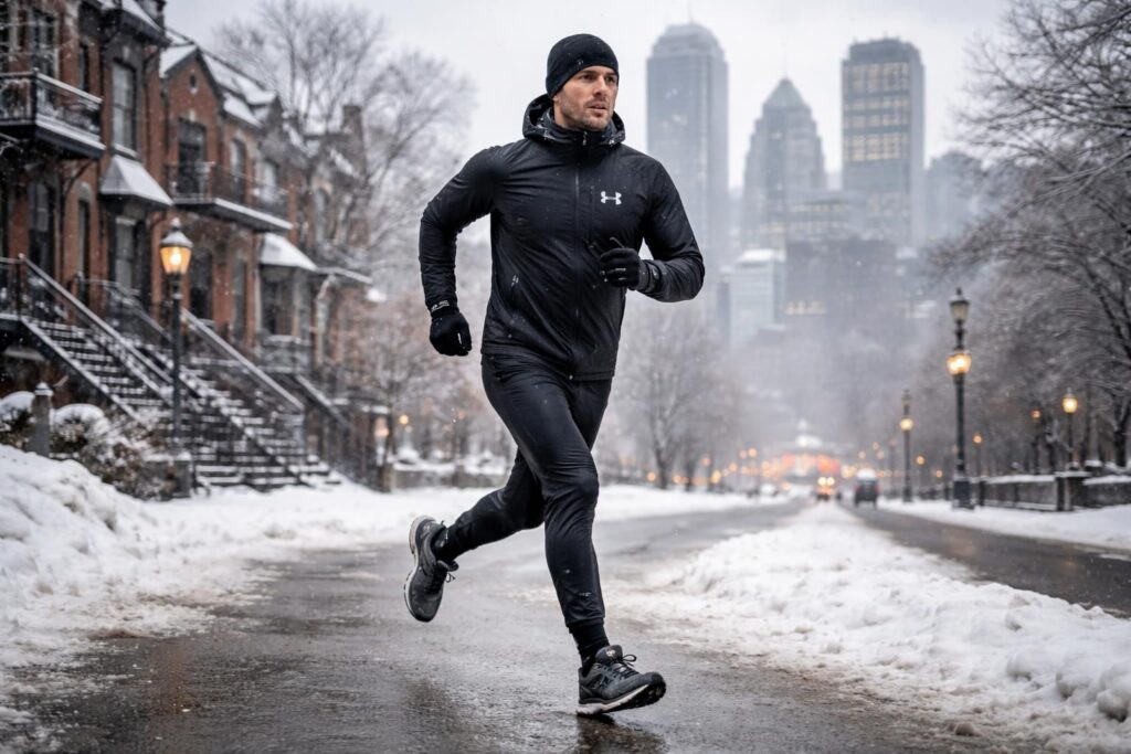 découvrez comment bien vous adapter au climat hivernal montréalais pour courir confortablement avec les équipements performants d'under armour et lululemon.